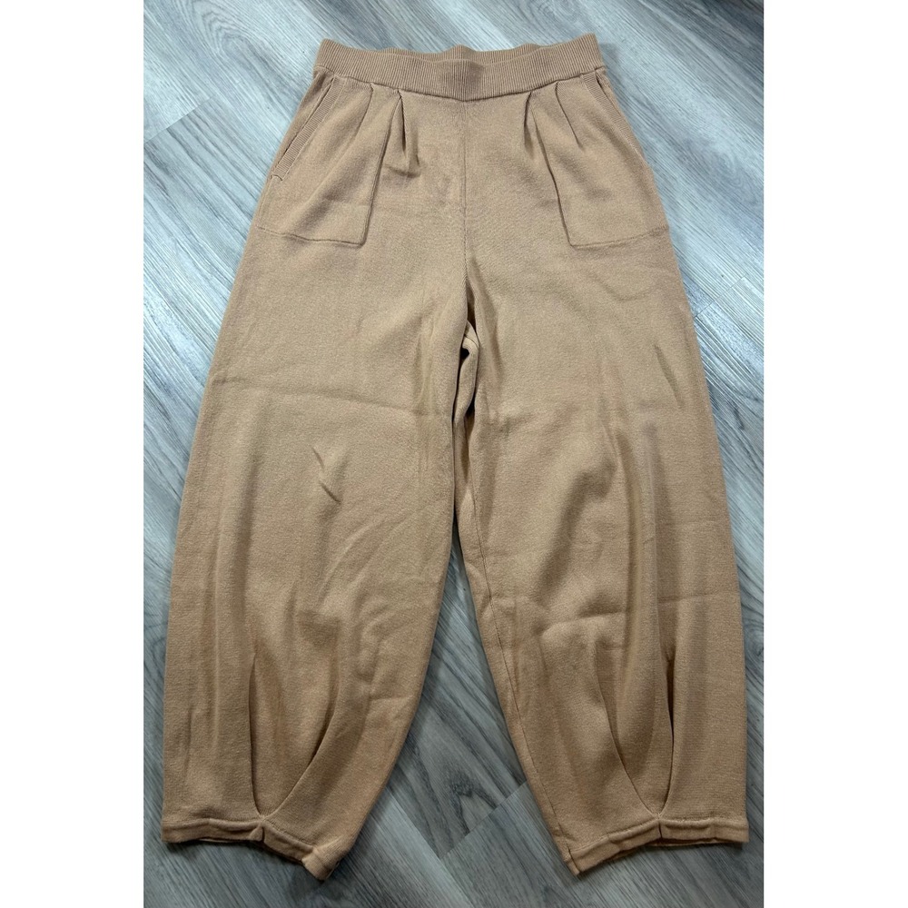 Tan 100% Cotton Knit Wide Leg Lantern Pants High Waist Pleated xlarge